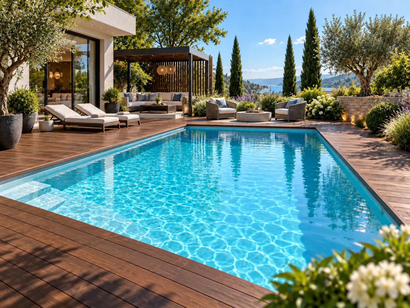 Piscina com deck de madeira e área de lazer