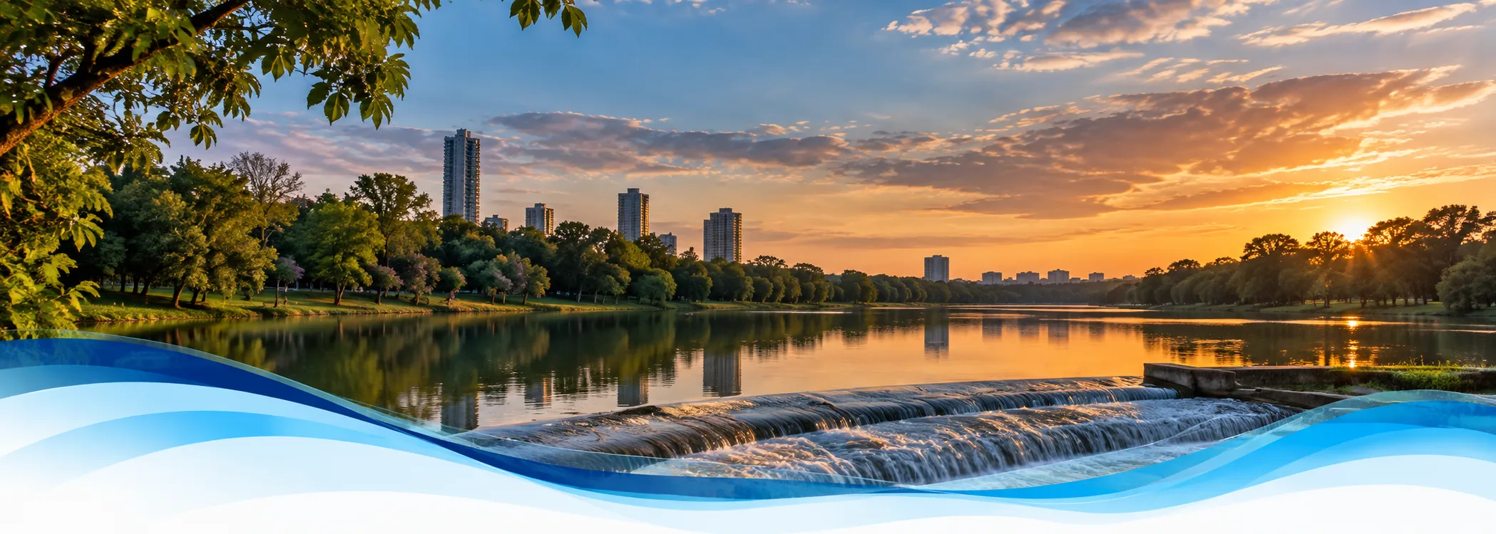 Pôr do sol no Lago Igapó, em Londrina, com os prédios ao fundo